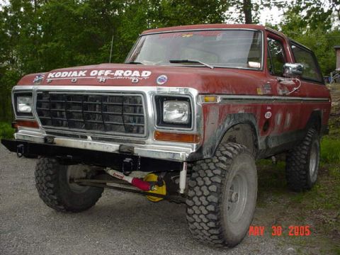 1978 Ford Bronco - This 1978 Ford Bronco features off-road tires and a prominent "Kodiak Off-Road Equipment" decal on its hood.