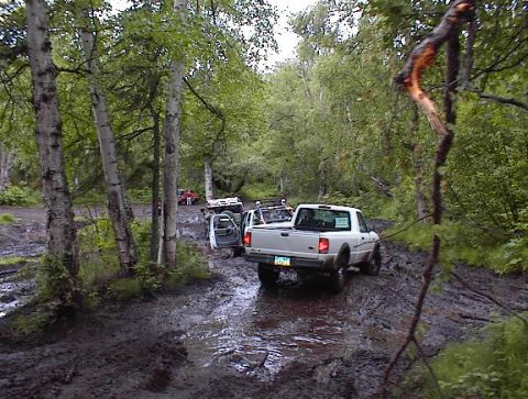 1978 Ford Bronco - Several vehicles navigate a muddy trail surrounded by trees.