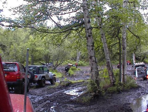 1978 Ford Bronco - Off-road vehicles traverse a challenging muddy track surrounded by trees, indicating an off-road event or trail ride.