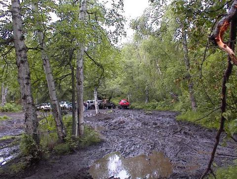 1978 Ford Bronco - Multiple off-road vehicles are seen driving through a heavily muddied forest trail.