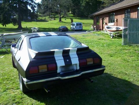 1978 Ford Mustang II - A 1978 Ford Mustang II with racing stripes is parked in a grassy yard next to a house and a boat.