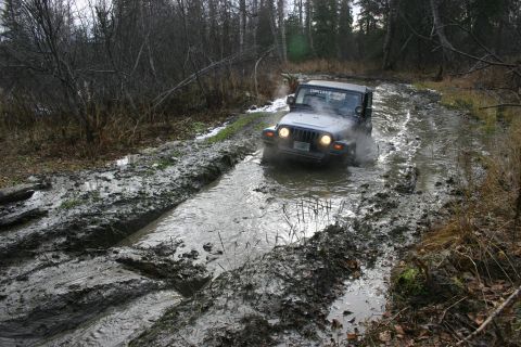 2003 Jeep TJ - This 2003 Jeep TJ navigates a challenging muddy track surrounded by trees and underbrush.