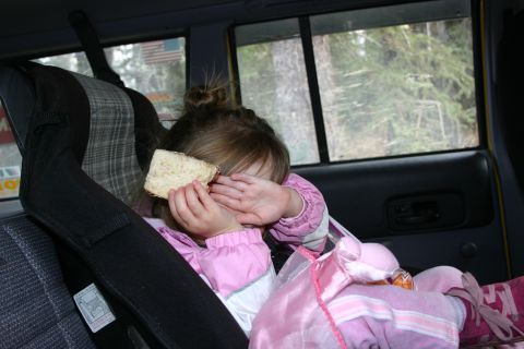 2003 Jeep TJ - A young child sits in a car seat, holding a sandwich in front of their face while looking out at a wooded area.