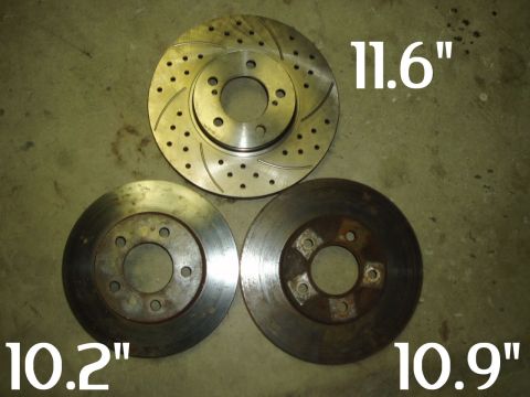 1993 Ford Taurus - Comparison of three different brake rotor sizes, including one with performance drilling and slotting.
