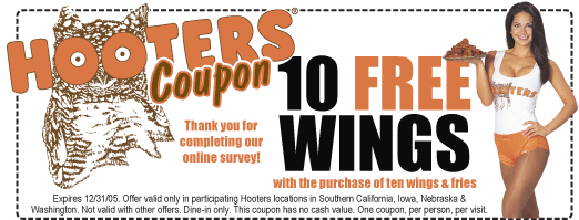 Hooters coupon for 10 free wings with purchase, expiring 12/31/05, with owl logo and waitress photo