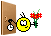 1968 Ford Mustang - A cheerful smiley character offers a bouquet of flowers while knocking on a wooden door.