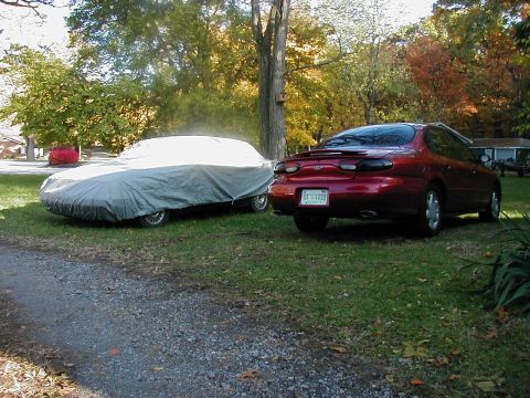 1997 Ford Taurus - Two vehicles are parked on a grassy area, one is covered and the other is a red sedan.