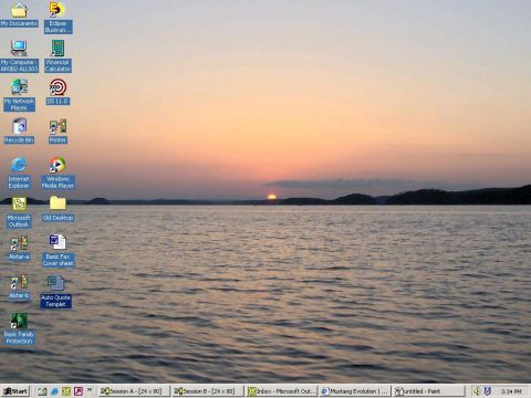 1996 Ford Mustang - Desktop wallpaper displays a sunset over water, with various program icons visible.