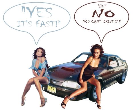 1988 Ford Mustang - Two women are depicted sitting on the hood of a car, with speech bubbles above their heads.