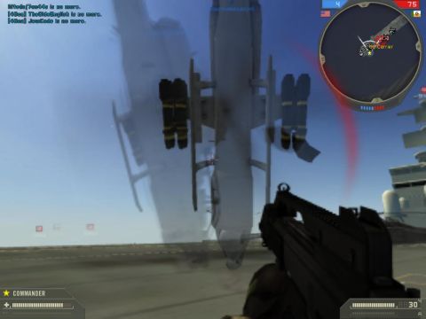 1996 Mercury Sable - A first-person perspective shows a helicopter in the air above an aircraft carrier, with a weapon visible in the foreground.