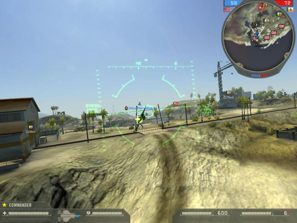 Video game scene with a HUD showing a radar map and targeting reticle. A small aircraft is visible in the distance