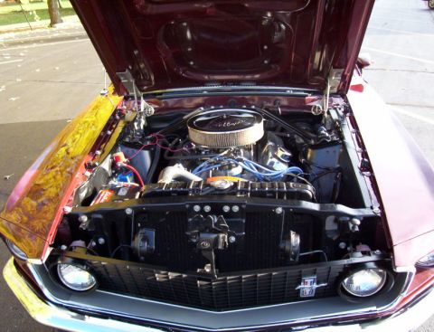 1969 Ford Mustang - Engine bay of a 1969 Ford Mustang, showing the V8 engine and front grille.