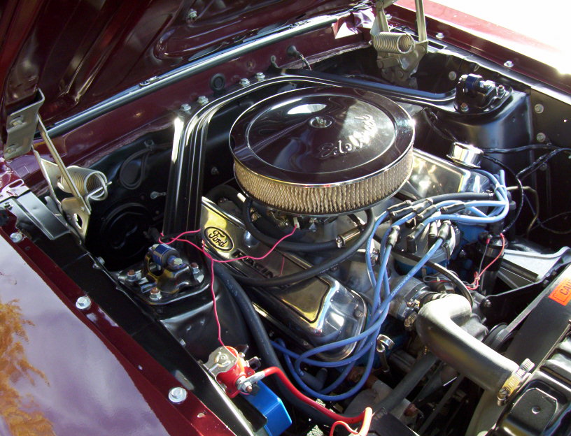 Ford Racing engine, chrome air cleaner, blue spark plug wires. Watermark says SUPERMOTORS.NET