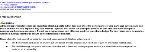 2000 Ford Crown Victoria - This document page details front suspension information, including a caution about fasteners and wheel bearings.