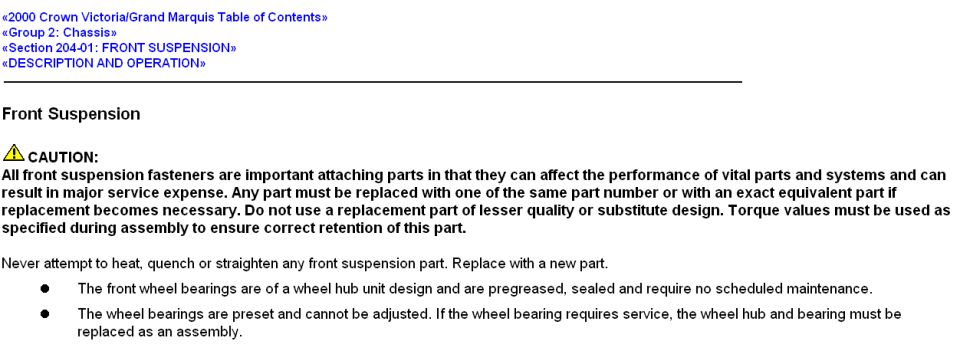 2000 Crown Victoria/Grand Marquis front suspension description and operation with fastener caution