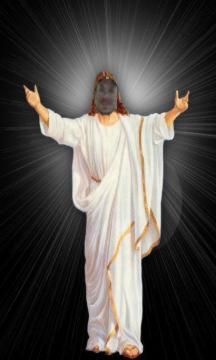 1968 Ford Mustang - Religious figure depicted with a modern mask, set against a radiating dark background.