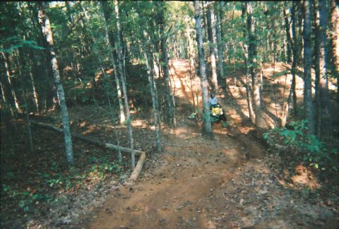 2003 Ford F-350 - A person rides an ATV through a wooded area on a dirt trail.