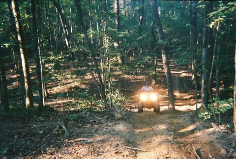2003 Ford F-350 - A four-wheeler navigates a wooded trail with its headlights illuminating the path ahead.