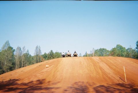 2003 Ford F-350 - Three ATVs are positioned on a dirt mound under a clear blue sky, with a line of trees in the distance.