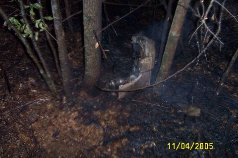 1998 Ford Crown Victoria - The interior of a vehicle is visible, charred and damaged, amidst trees and burnt undergrowth.