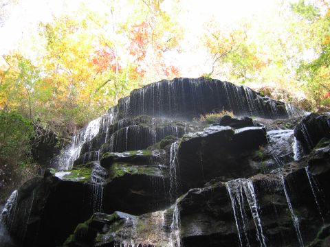 1985 Ford LTD Crown Victoria - A scenic waterfall flows over moss-covered rocks, framed by vibrant fall foliage.