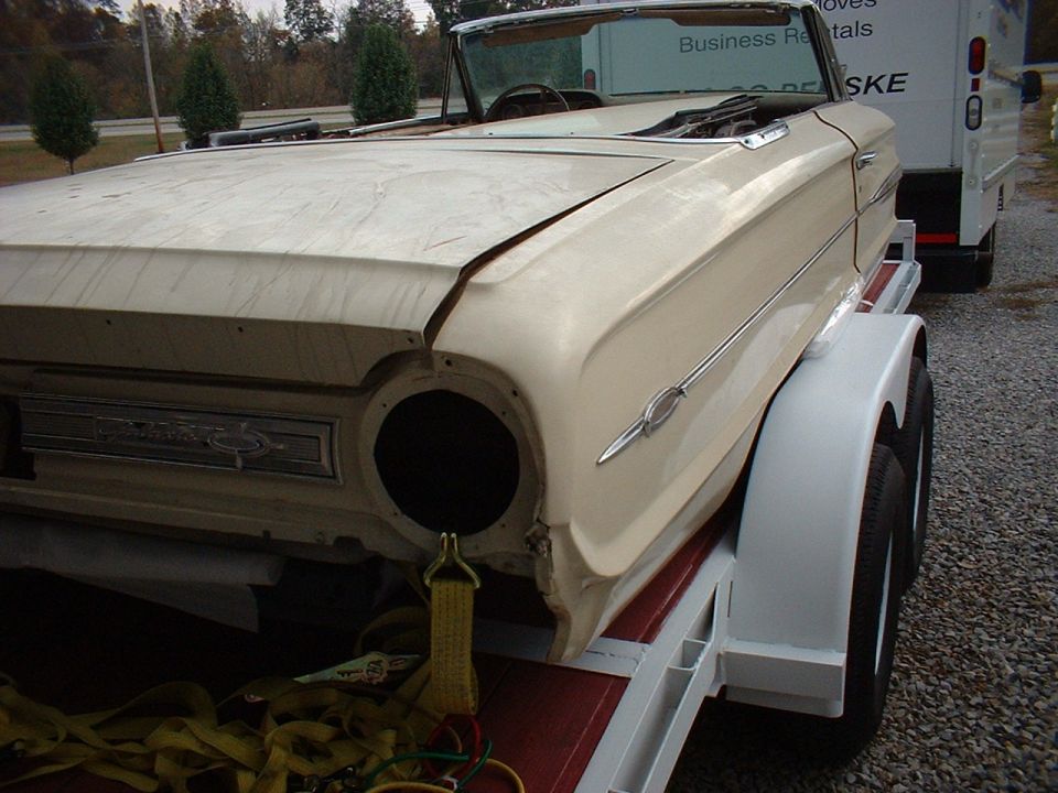 Cream 1964 Ford Galaxie convertible, front quarter view, on trailer