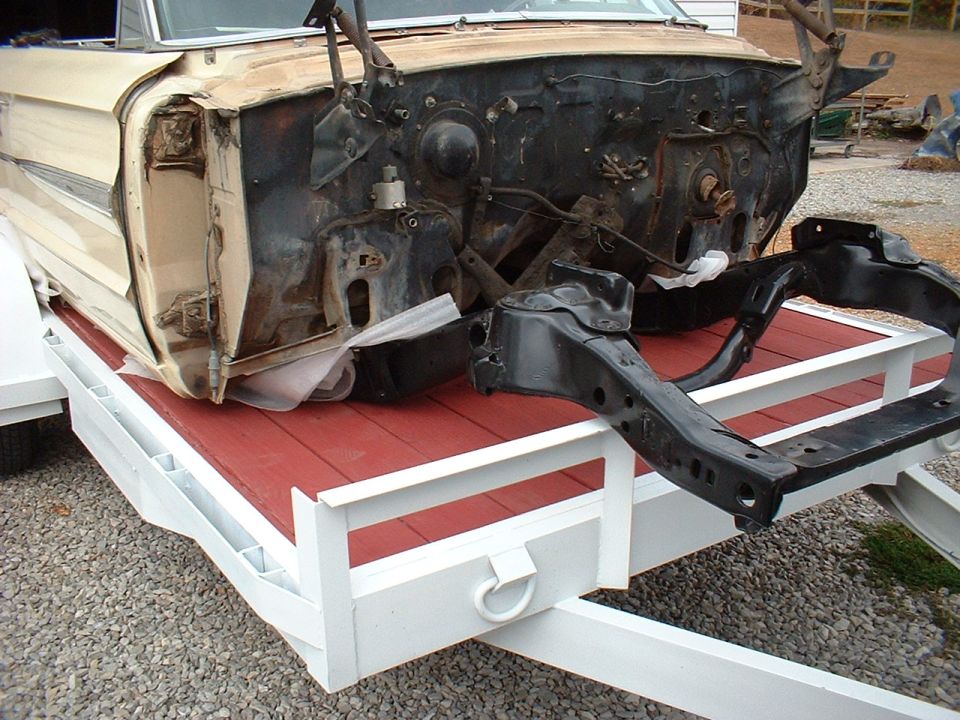 1964 Ford Galaxie front clip and chassis on a trailer