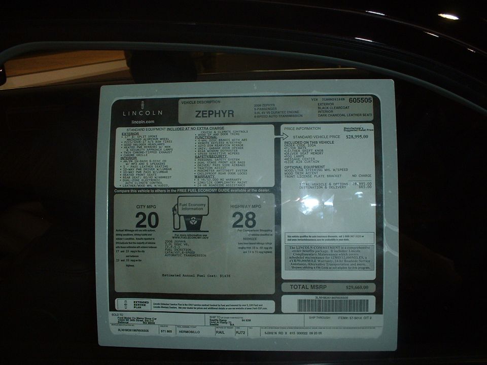 Lincoln Zephyr window sticker with standard equipment list, price information and 20 city / 28 highway MPG label