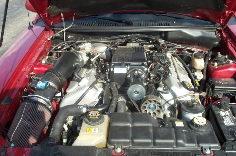 1998 Ford Crown Victoria - The engine bay of a red car shows a supercharger and custom air intake system.