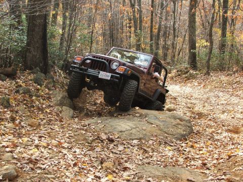 1996 Ford Bronco - Jeep Wrangler TJ tackles a large rock on a forest trail during fall.