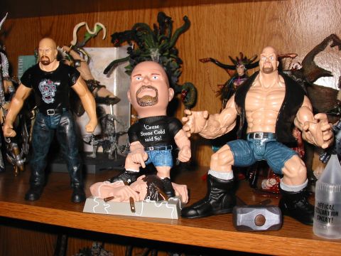 1991 Ford Bronco - A shelf displays various wrestling memorabilia and action figures.