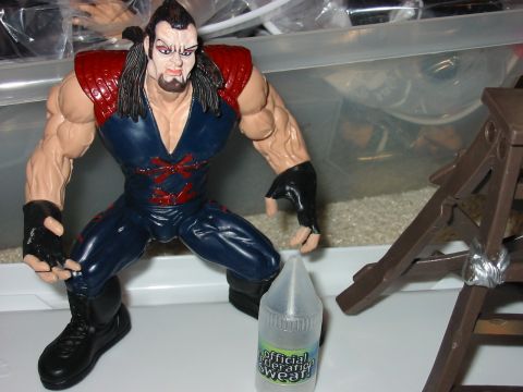 1991 Ford Bronco - A wrestling action figure is posed with a ladder and a bottle of 'official federation sweat'.