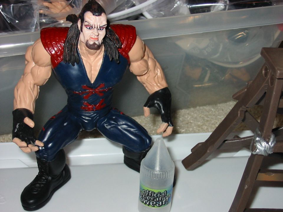 action figure with wrestling attire, next to a ladder and a bottle labeled 'official federation sweat'