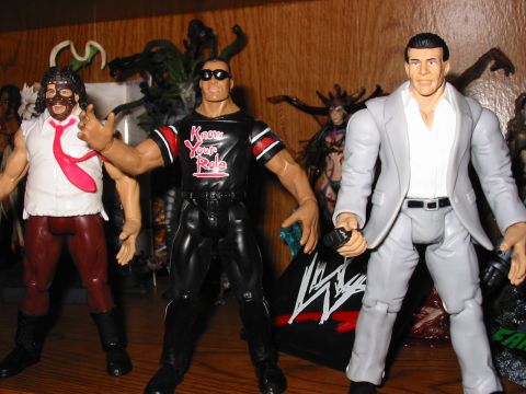 1991 Ford Bronco - Action figures of wrestlers are displayed on a wooden shelf with other collectible figures in the background.
