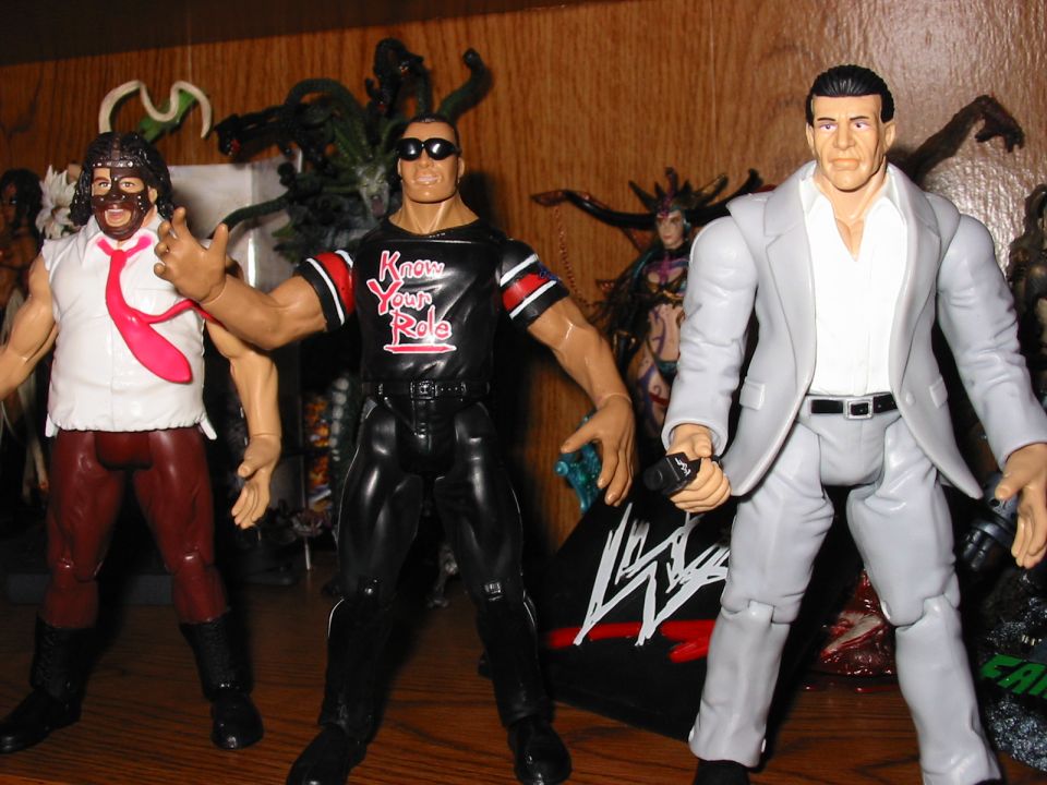 Three wrestling action figures on a shelf, one in a white shirt and red pants, one in a black shirt with 'Know Your Role' text, and one in a gray suit