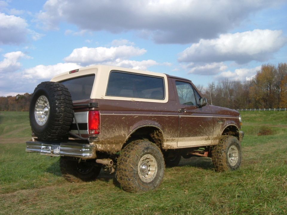 Lifted brown and tan Ford Bronco SUV, muddy, with rear spare tire, parked in a field.