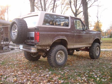 1993 Ford Bronco - This 1993 Ford Bronco is shown from the rear, a spare tire mounted on the tailgate.