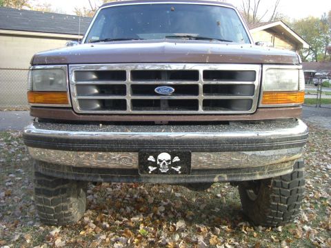 1993 Ford Bronco - This Ford F-Series truck features a prominent grille and a decorative license plate frame.