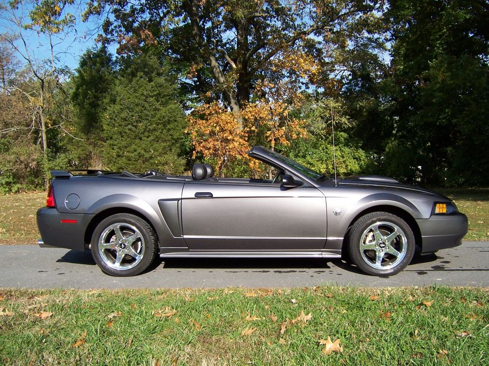 Gray 2004 Ford Mustang convertible parked on a paved surface with trees in the background