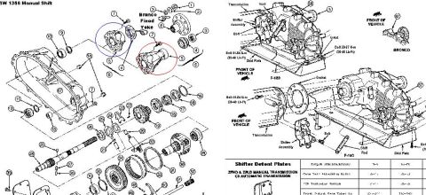1992 Ford Bronco - Exploded view diagram detailing the components of a manual transmission and transfer case, with a specific focus on the 'Bronco Fixed Yoke'.