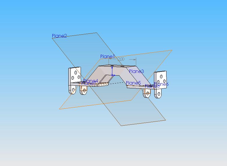 CAD modeling screenshot of a bracket with reference planes and a 200 dimension