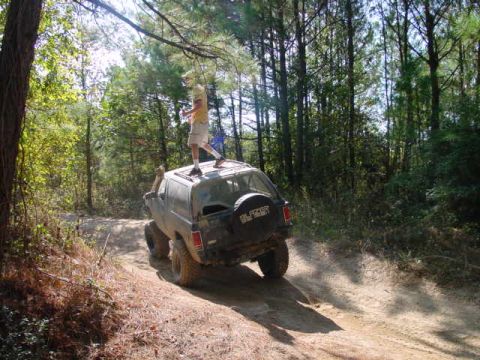 1992 Chevrolet S10 - A person stands atop an off-road vehicle navigating a wooded trail.