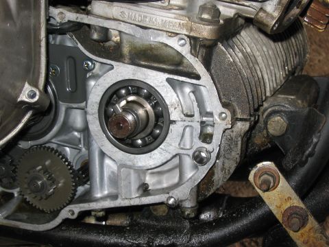 1997 Yamaha YT60 Tri-Moto - This image shows the internal workings of a motorcycle engine, focusing on the gears and a ball bearing assembly.