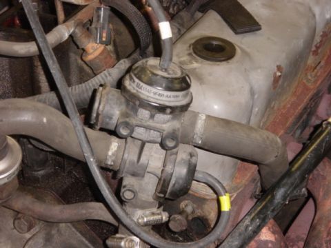 1991 Ford Bronco - Thermactor plumbing on back of heads. The color codes on the vacuum tubes match the factory diagram, and were marked last year when I had t…