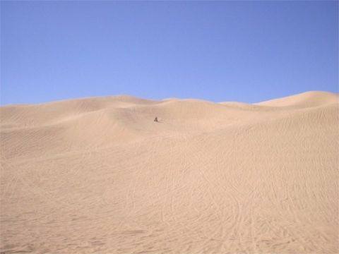1993 Ford Bronco - Sand dunes with a small ATV in the distance under a clear blue sky.