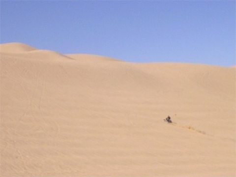1993 Ford Bronco - An ATV navigates a sandy desert landscape, leaving a trail of dust behind it.