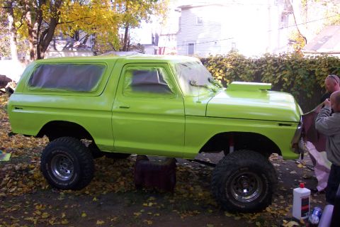 1978 Ford Bronco - This 1978 Ford Bronco is undergoing a paint job with a new hood scoop and lifted suspension.