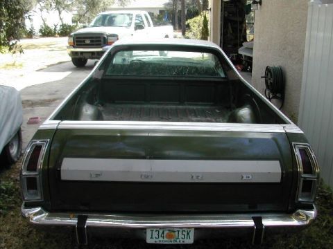 1973 Ford Ranchero - The rear of a green pickup truck is shown, with a white pickup truck parked behind it in a driveway.