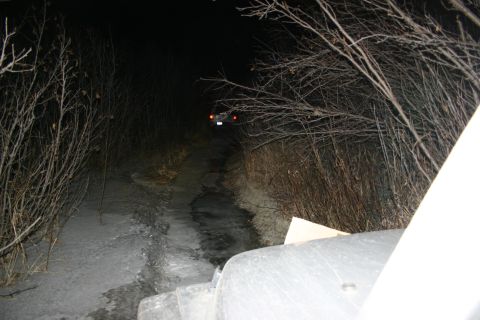 2003 Jeep TJ - A Jeep navigates a dark, wooded trail at night, with another vehicle visible ahead.