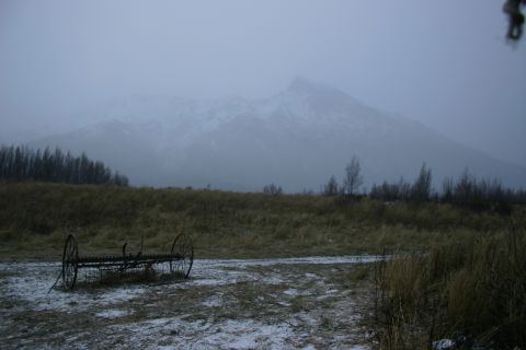 2003 Jeep TJ - A vintage farm rake sits in a field with a snow-capped mountain looming in the distance under an overcast sky.